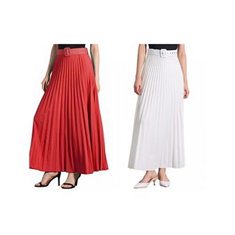 2 Packs Women's Elastic High Waist Flowy Pleated Maxi Skirt with Belt
