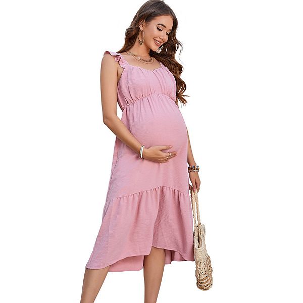sleeveless women's light pink off the shoulder dress for pregnant Pima Maternity Nightgown in Blushing Bows The PinkBlush Light Pink Solid Off Shoulder Maternity Fitted Dress is perfectly bump Jezero Womens Maternity Dress Off