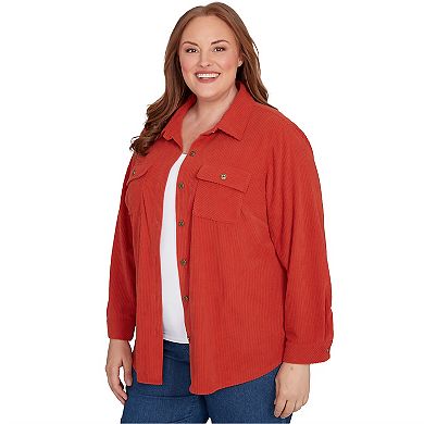 Plus Size Alfred Dunner Plush Ribbed Oversized Button Front Top