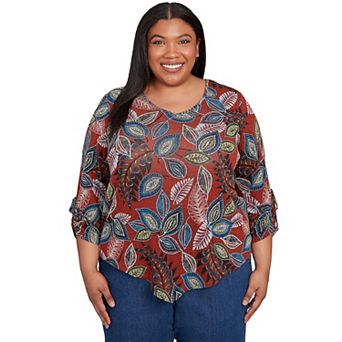 Plus Size Alfred Dunner Batik Leaves Melange Asymmetrical Top