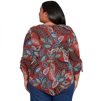Plus Size Alfred Dunner Batik Leaves Melange Asymmetrical Top