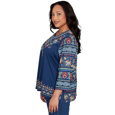 Plus Size Alfred Dunner Printed Sleeve Floral Embroidered Top
