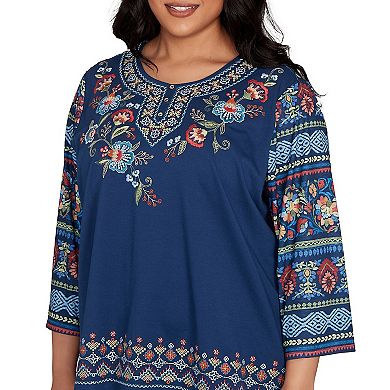 Plus Size Alfred Dunner Printed Sleeve Floral Embroidered Top