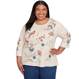 Plus Size Alfred Dunner Allover Floral Embroidered Crew Neck Top