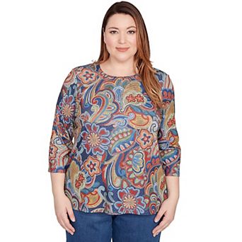 Plus Size Alfred Dunner Stitched Floral Pleated Neck Top