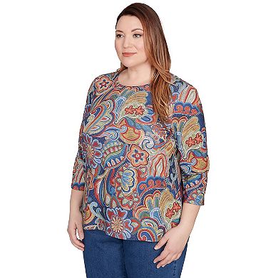 Plus Size Alfred Dunner Stitched Floral Pleated Neck Top