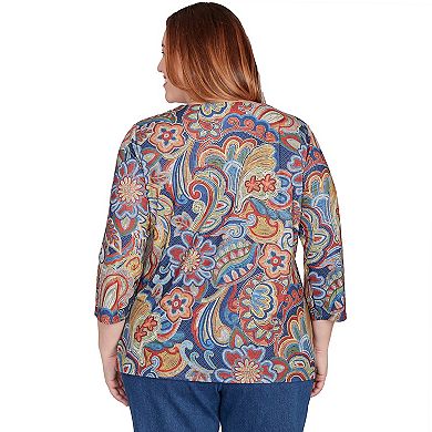 Plus Size Alfred Dunner Stitched Floral Pleated Neck Top