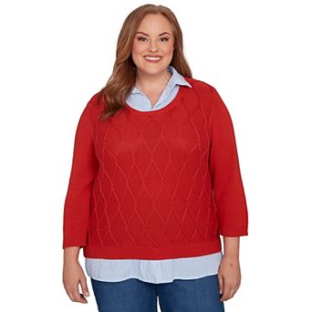Plus Size Alfred Dunner Stitched Cable Stripe Woven Trim Sweater