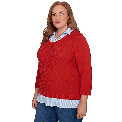 Plus Size Alfred Dunner Stitched Cable Stripe Woven Trim Sweater