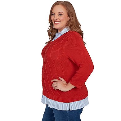 Plus Size Alfred Dunner Stitched Cable Stripe Woven Trim Sweater