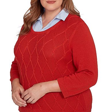Plus Size Alfred Dunner Stitched Cable Stripe Woven Trim Sweater