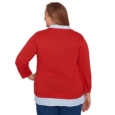 Plus Size Alfred Dunner Stitched Cable Stripe Woven Trim Sweater