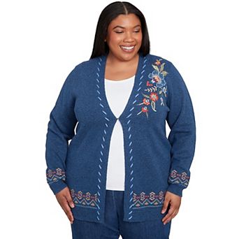 Plus Size Alfred Dunner Embroidered Flower Long Sleeve Cardigan Sweater