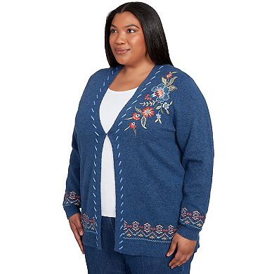 Plus Size Alfred Dunner Embroidered Flower Long Sleeve Cardigan Sweater