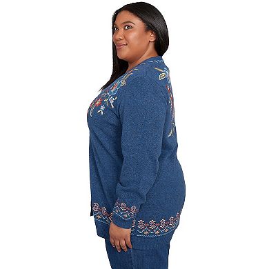 Plus Size Alfred Dunner Embroidered Flower Long Sleeve Cardigan Sweater
