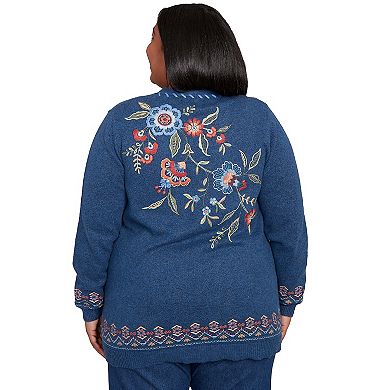 Plus Size Alfred Dunner Embroidered Flower Long Sleeve Cardigan Sweater