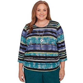 Plus Size Alfred Dunner Biadere Melange Stripe Top with Necklace