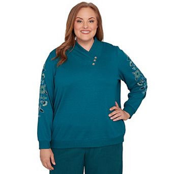 Plus Size Alfred Dunner Embroidered Sleeve Button Detail Top