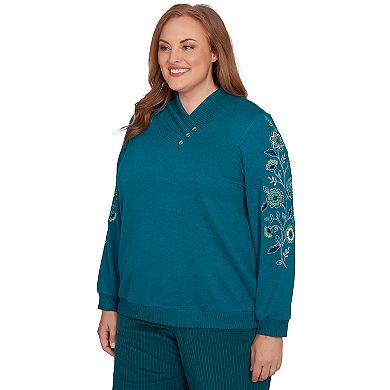 Plus Size Alfred Dunner Embroidered Sleeve Button Detail Top