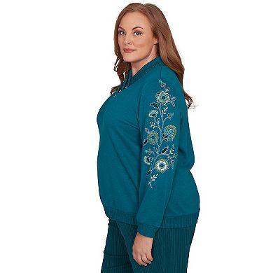 Plus Size Alfred Dunner Embroidered Sleeve Button Detail Top