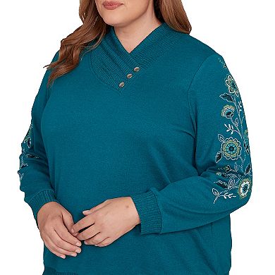 Plus Size Alfred Dunner Embroidered Sleeve Button Detail Top