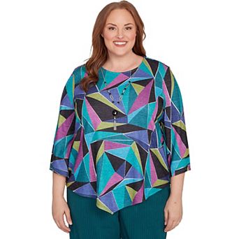 Plus Size Alfred Dunner Abstract Stained Glass Top With Detachable Necklace
