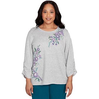 Plus Size Alfred Dunner Embroidered Flowers with Side Tie Ruching Top