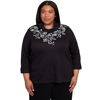 Plus Size Alfred Dunner Leaf Embroidered Rib Neck Top