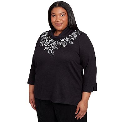 Plus Size Alfred Dunner Leaf Embroidered Rib Neck Top