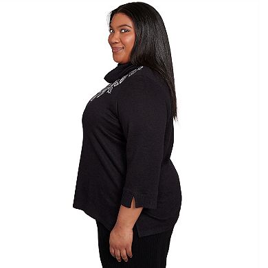 Plus Size Alfred Dunner Leaf Embroidered Rib Neck Top