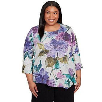 Plus Size Alfred Dunner Asymmetrical Watercolor Flower Top