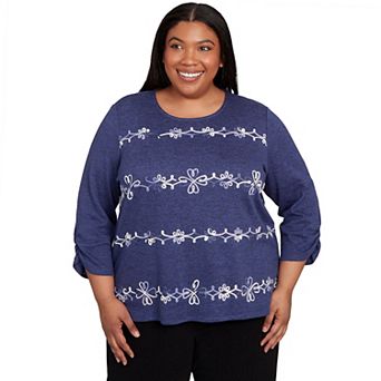 Plus Size Alfred Dunner Embroidered Scroll Ruched Sleeve Top