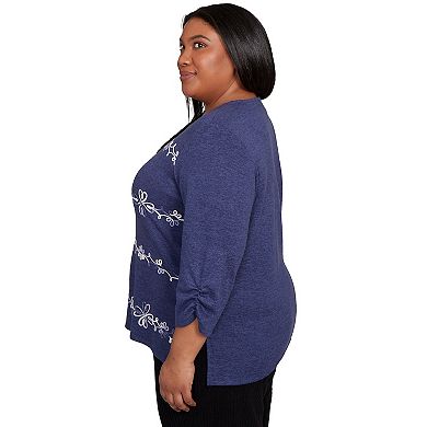Plus Size Alfred Dunner Embroidered Scroll Ruched Sleeve Top