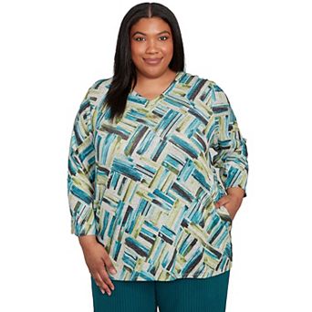 Plus Size Alfred Dunner Detailed V-Neck Brushstroke Top