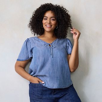 Plus Size LC Lauren Conrad Tie Key Hole Flutter Sleeve Woven Top