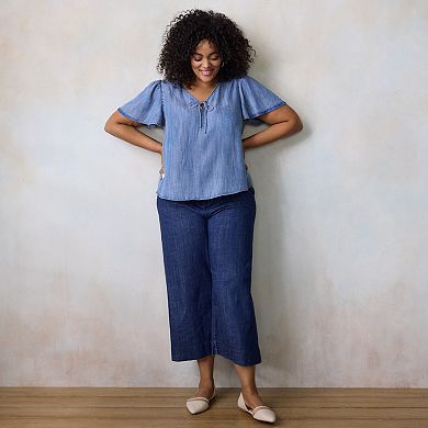 Plus Size LC Lauren Conrad Tie Key Hole Flutter Sleeve Woven Top