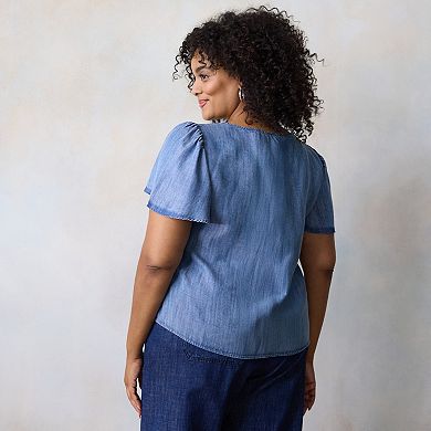 Plus Size LC Lauren Conrad Tie Key Hole Flutter Sleeve Woven Top