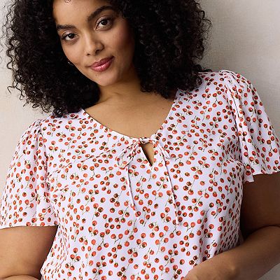 Plus Size LC Lauren Conrad Tie Key Hole Flutter Woven Short Sleeve