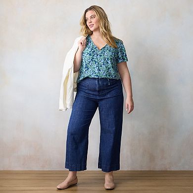 Plus Size LC Lauren Conrad Tie Key Hole Flutter Woven Short Sleeve V-Neck Blouse