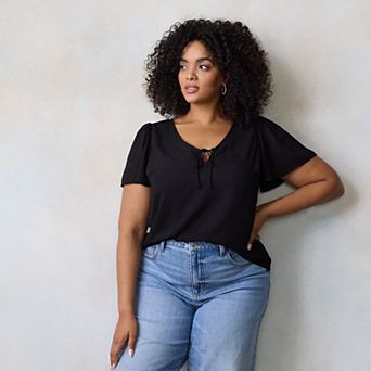 Plus Size LC Lauren Conrad Tie Key Hole Flutter Woven Short Sleeve V-Neck Blouse