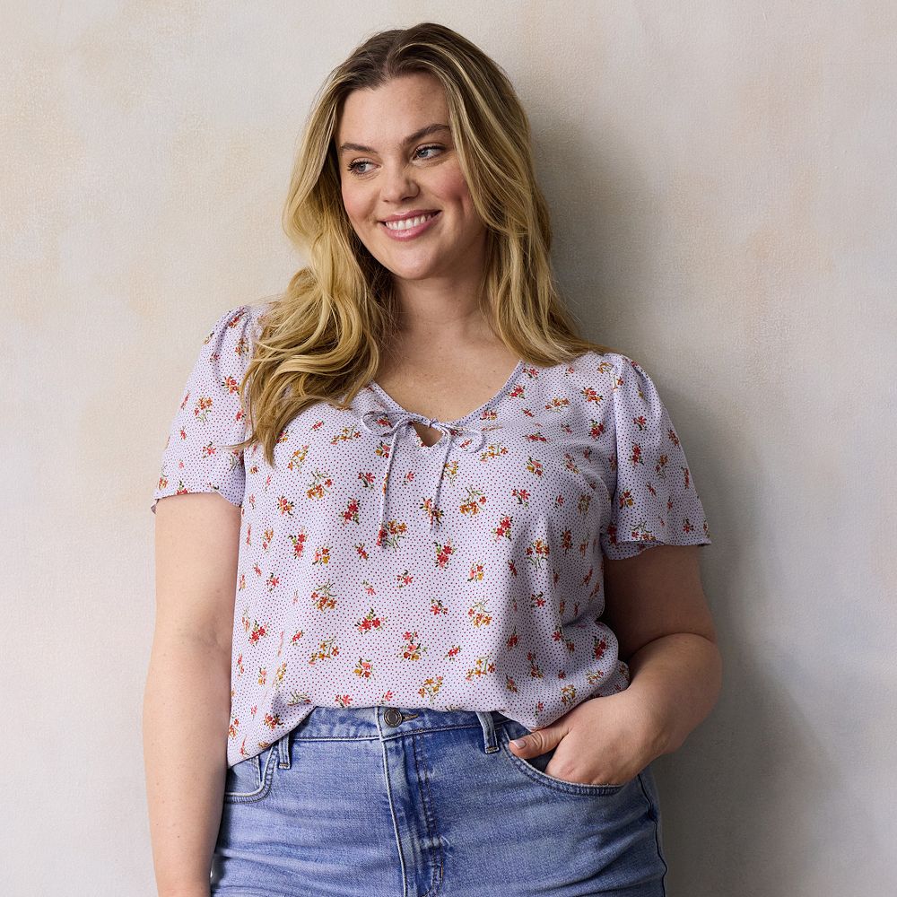 Plus Size LC Lauren Conrad Tie Key Hole Flutter Woven Short Sleeve