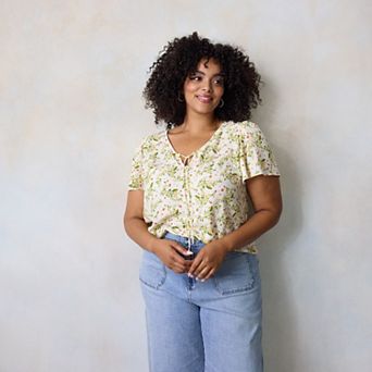 Plus Size LC Lauren Conrad Tie Key Hole Flutter Woven Short Sleeve V-Neck Blouse