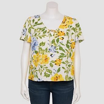 Plus Size LC Lauren Conrad Tie Key Hole Flutter Woven Short Sleeve V-Neck Blouse