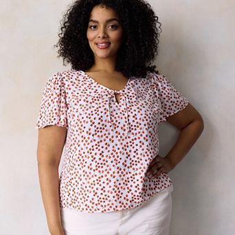 Plus Size LC Lauren Conrad Tie Key Hole Flutter Woven Short Sleeve V-Neck Blouse