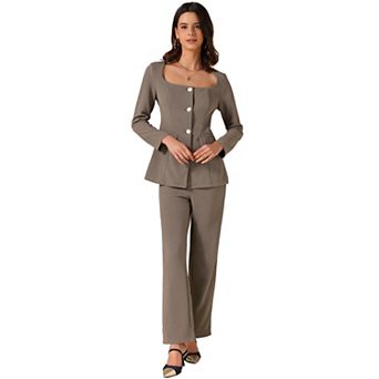 Women's 2 pc Outfits Square Neck Blouse and Long Pants Elegant Business Sets
