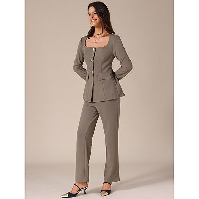 Women's 2 Piece Outfits Square Neck Blouse and Long Pants Elegant Business Sets