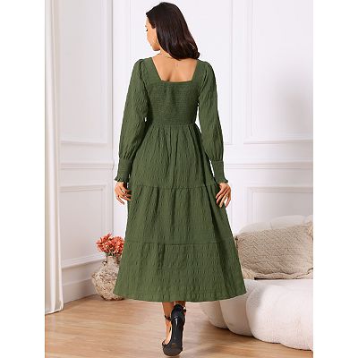 midi length occasion dresses Hunter Green Split Neck Puff Short Sleeve Tiered Midi Dress