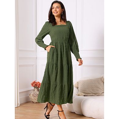 Women's Fall Dress Smocked Long Sleeve Square Neck Flowy Casual Midi Dress Tiered Dress with Pockets