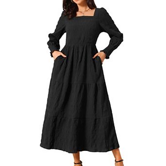 Women's Fall Dress Smocked Long Sleeve Square Neck Flowy Casual Midi Dress Tiered Dress with Pockets