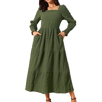 Women's Fall Dress Smocked Long Sleeve Square Neck Flowy Casual Midi Dress Tiered Dress with Pockets